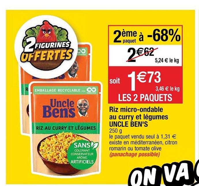 riz micro ondable au curry et légumes uncle ben's 2ème paquet à -68%