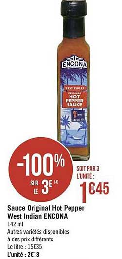 sauce original hot pepper west indian encona -100% sur le 3e