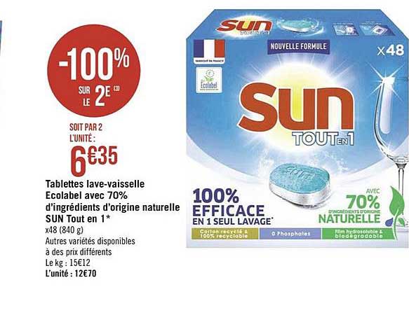 tablettes lave vaisselle ecolabel avec 70% d'ingrédients d'origine naturelle sun tout en 1 -100% sur le 2e