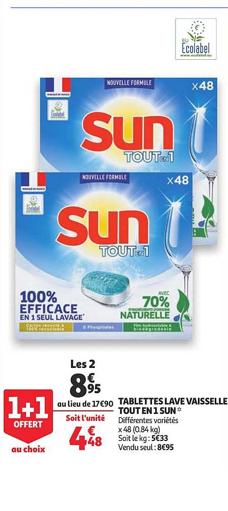 tablettes lave vaisselle toute en 1 sun 1+1 offert au choix