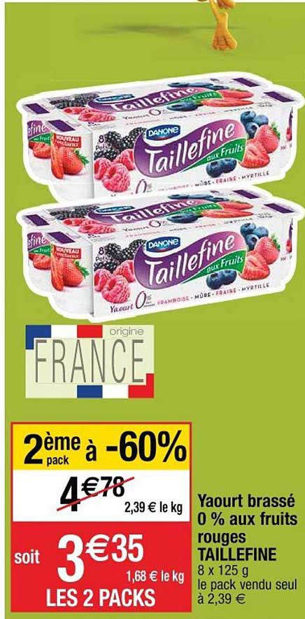 yaourt brassé 0 % aux fruits rouges taillefine 2ème pack à -68%