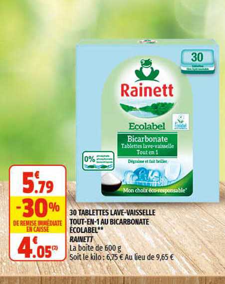 30 tablettes lave-vaisselle tout-en-1 au bicarbonate écolabel rainett
