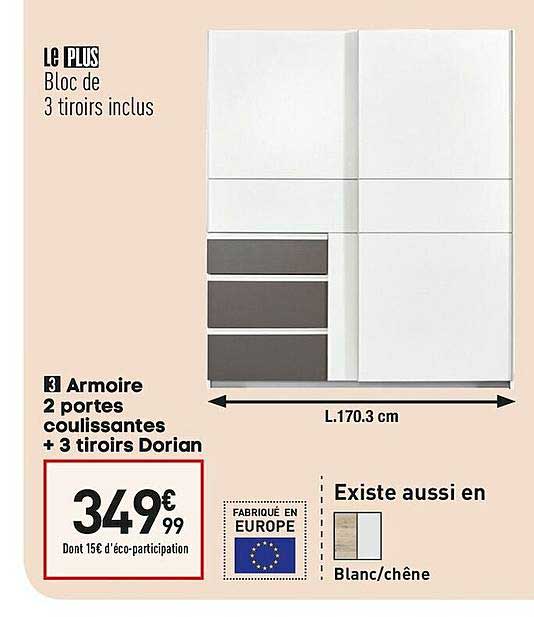 Armoire 2 Portes Coulissantes + 3 Tiroirs Dorian