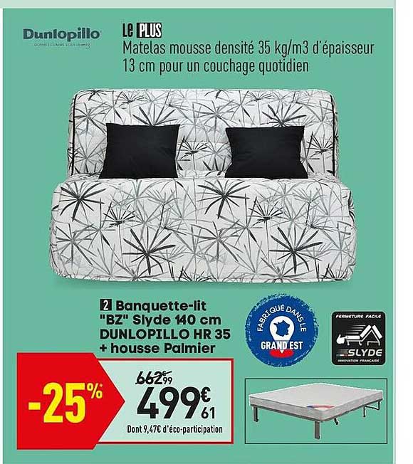 banquette-lit "bz" slyde 140 cm dunlopillo hr 35 + housse palmier