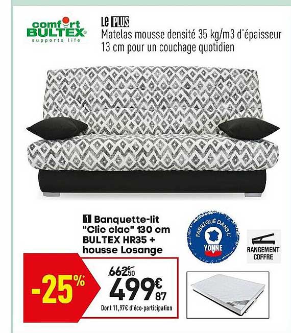 banquette-lit "clic clac" 130 cm bultex hr35 + housse losange
