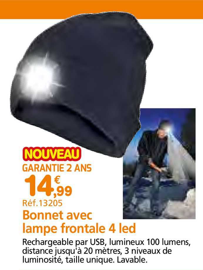 bonnet avec lampe frontale 4 led
