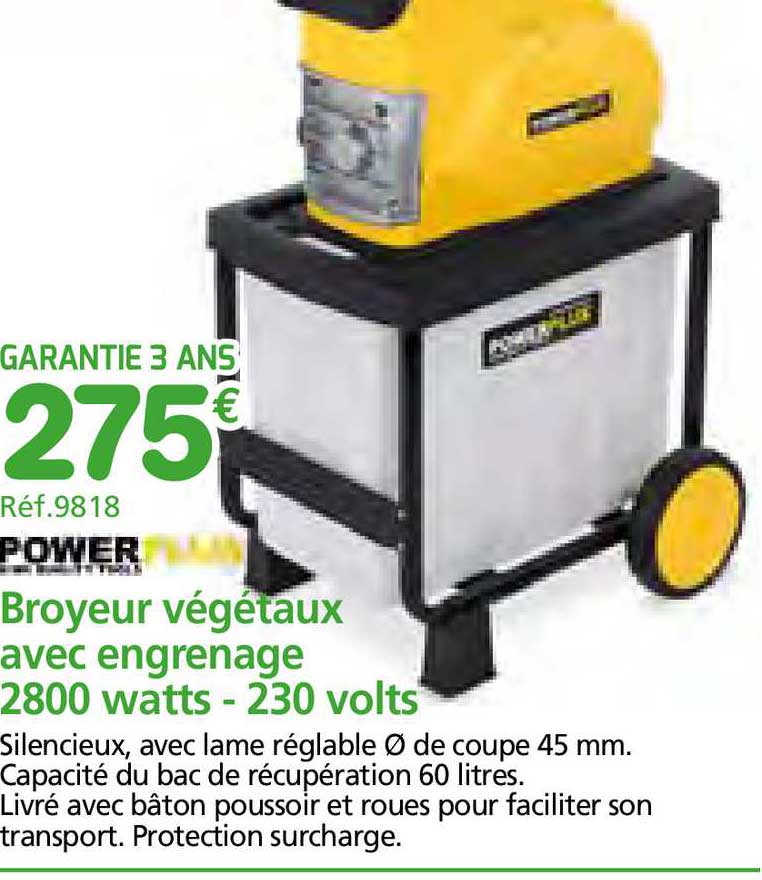 broyeur végétaux avec engrenage 2800 watts - 230 volts power