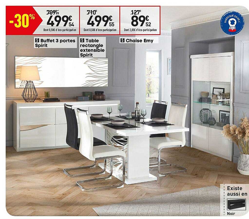 buffet 3 portes spirit, table rectangle extensible spirit, chaise emy