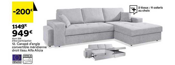 Canapé D'angle Convertible Méridienne Droit Tissu Alfa Alicia
