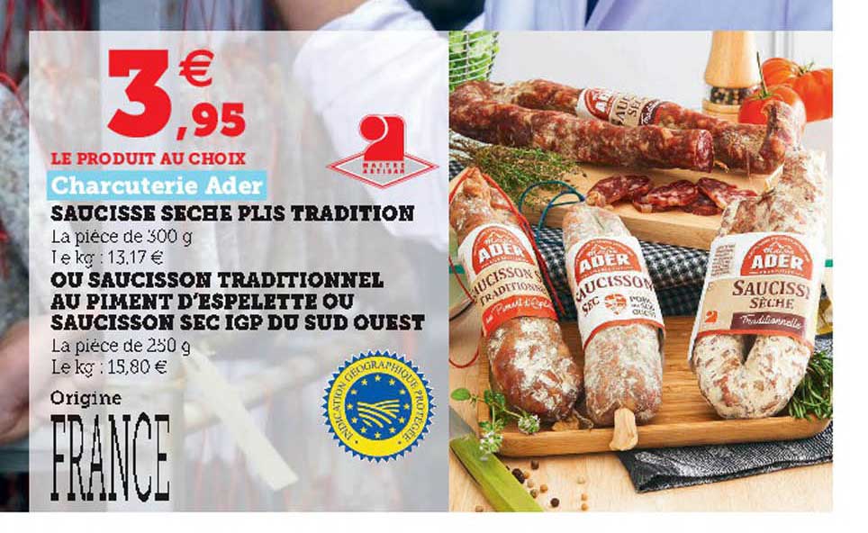 charcuterie ader saucisse sèche plis tradition ou saucisson traditionnel au piment d'espelette ou saucisson sec igp du sud ouest