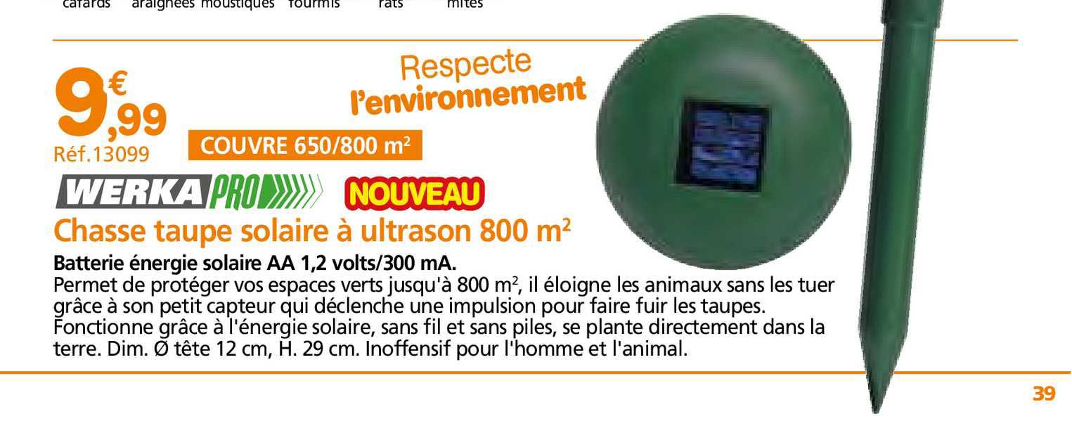 chasse taupe solaire à ultrason 800 m² werka pro