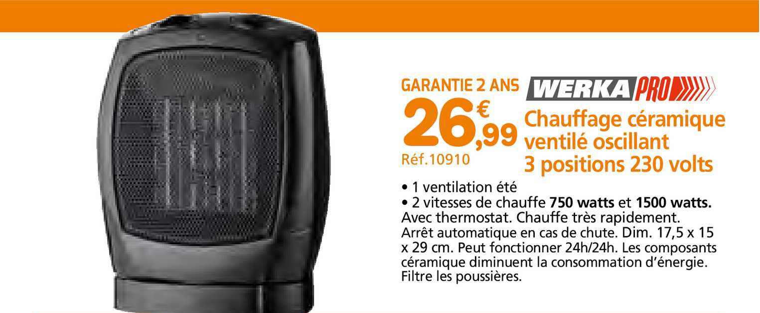 Chauffage Céramique Ventilé Oscillant 3 Positions 230 Volts Werka Pro