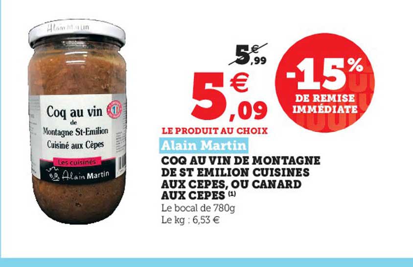 coq au vin de montagne de st emilion cuisinés aux cèpes, ou canard aux cèpes