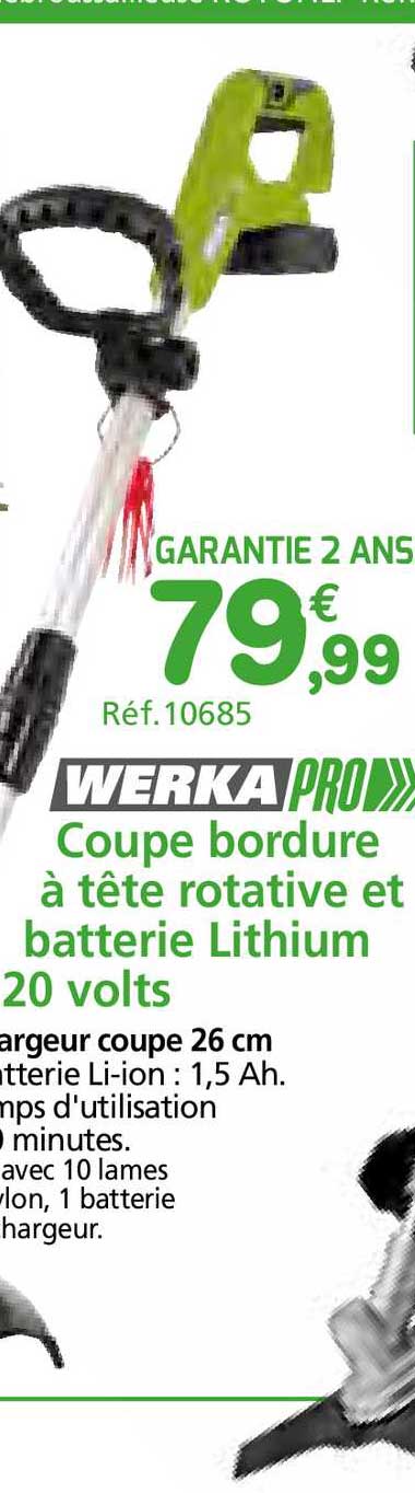 coupe bordure à tête rotative et batterie lithium 20 volts werka pro