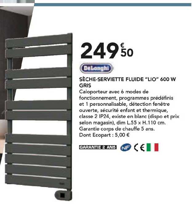 delonghi sèche-serviette fluide "lio" 600 w gris