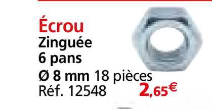 écrou zinguée 6 pans Ø 8 mm