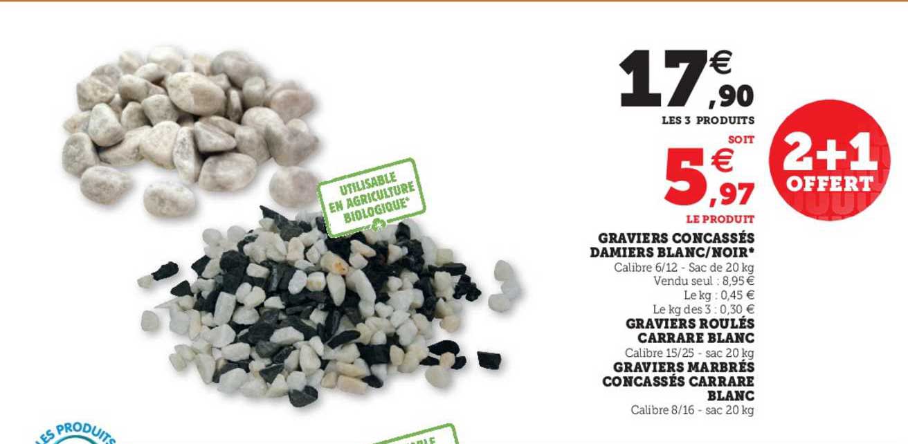 graviers concassés damiers blanc-noir, graviers roulés carrare blanc, graviers marbrés concassés carrare blanc