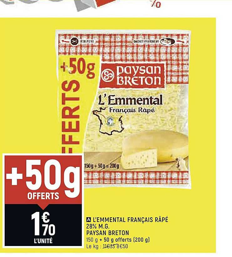 l'emmental français râpé 28% m.g. paysan breton