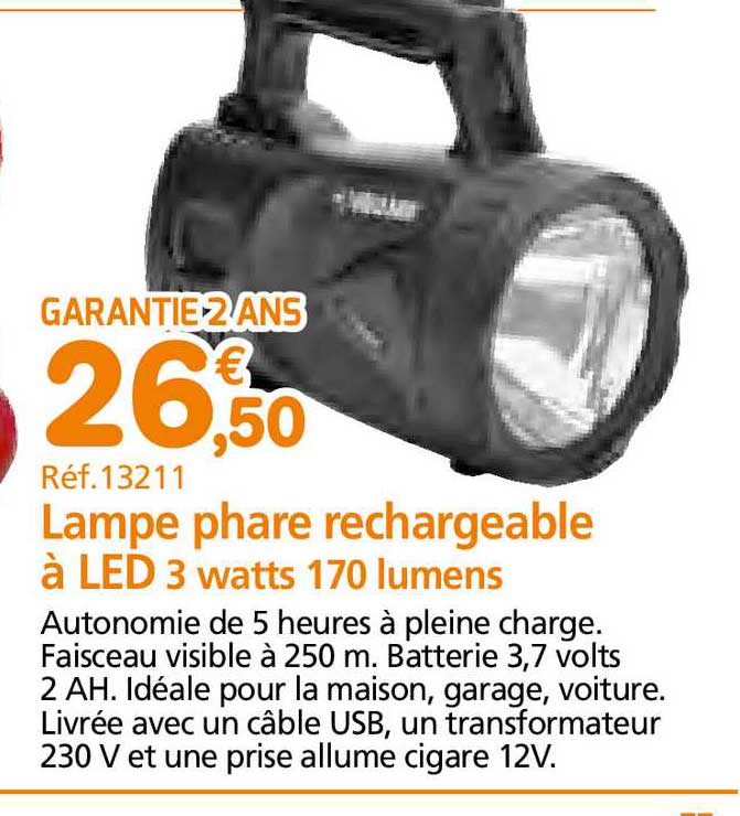 lampe phare rechargeable à led 3 watts 170 lumens