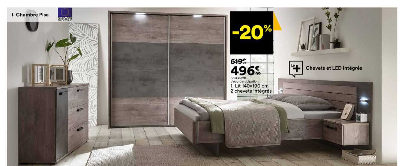 lit 140 x 190 cm 2 chevets intégrés