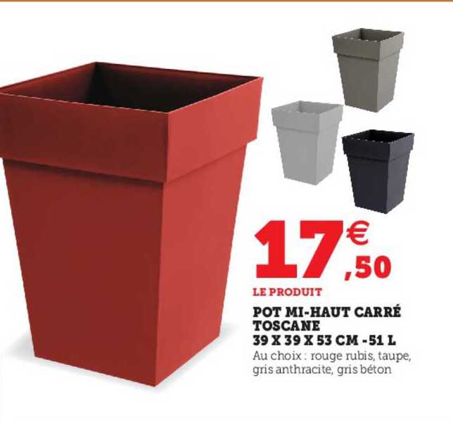 pot mi-haut carré toscane 39 x 39 x 53 cm - 51 l