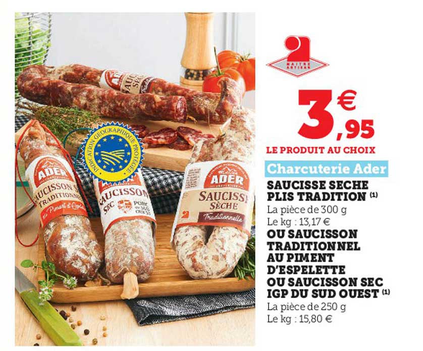 saucisse sèche plis tradition ou saucisson traditionnel au piment d'espelette ou saucisson sec igp du sud ouest