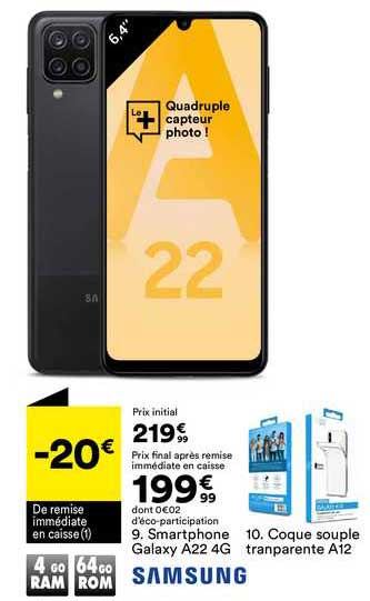 Smartphone Galaxy A22 4g Samsung, Coque Souple Transparente A12