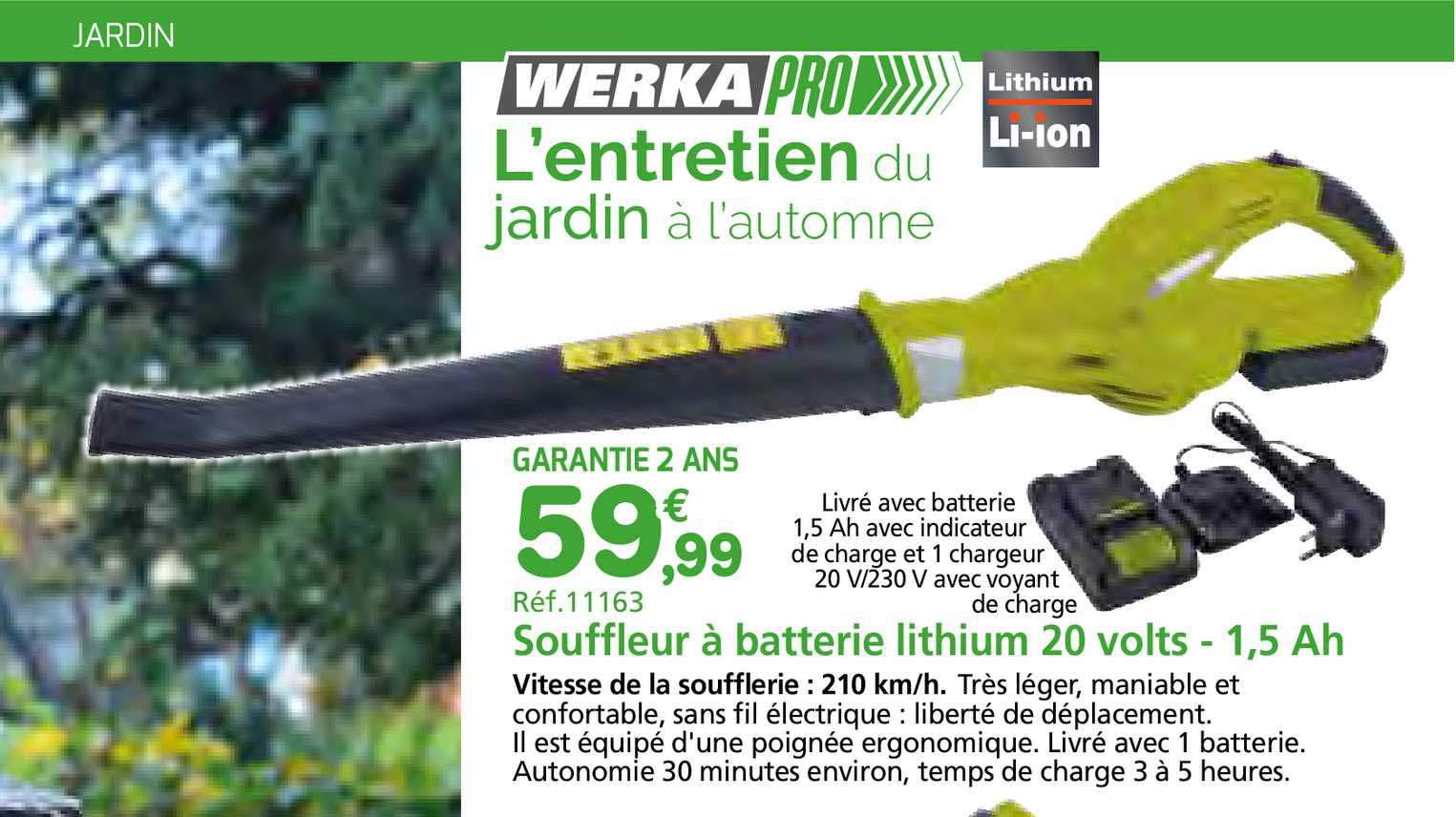 souffleur à batterie lithium 20 volts - 1.5 ah werkapro