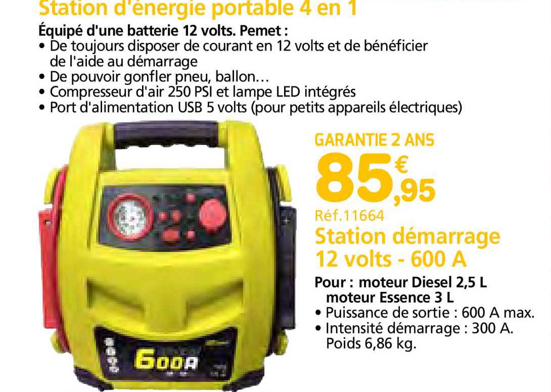 station d'énergie portable 4 en 1 station démarrage 12 volts - 600 a