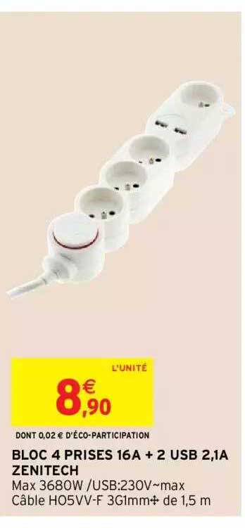 bloc 4 prises 16a + 2 usb 2,1a zenitech