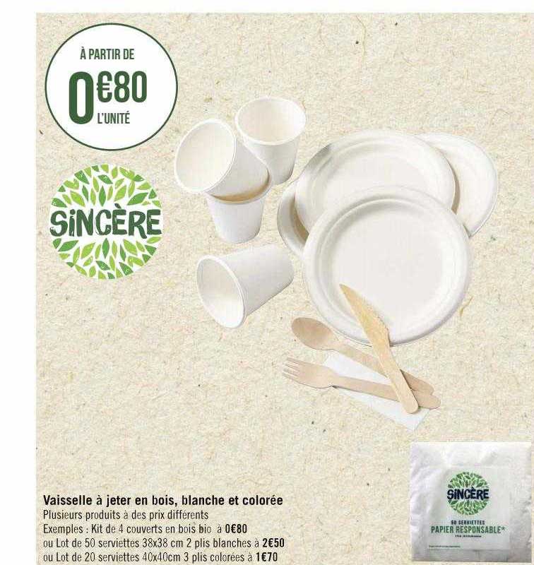 vaisselle à jeter en bois, blanche et colorée sincère