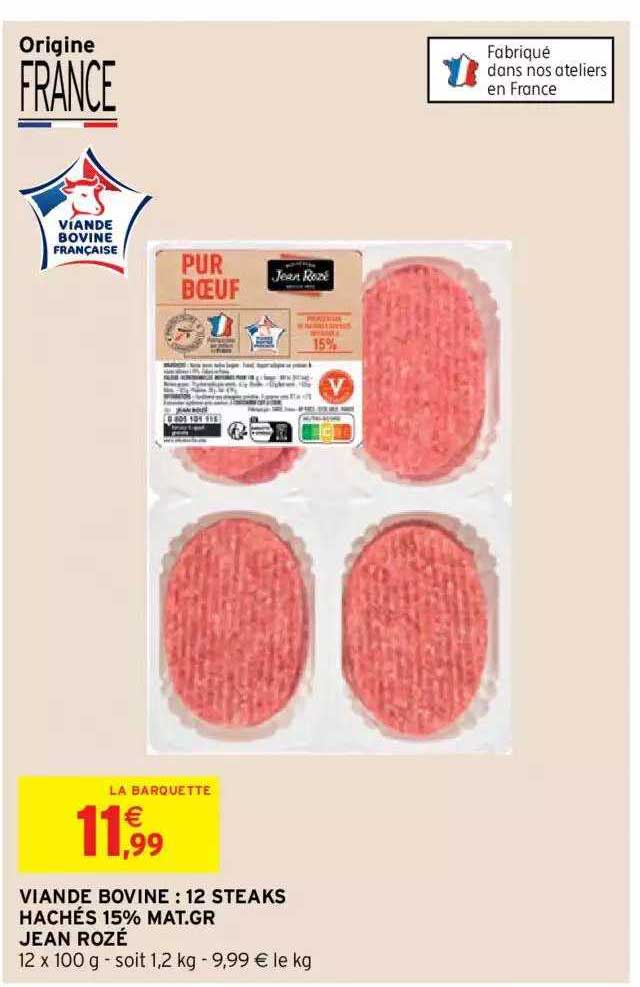 viande bovine : 12 steaks hachés 15% mat.gr. jean rozé