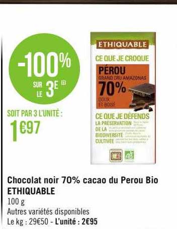 Chocolat Noir 70% Cacao Du Pérou Bio éthiquable