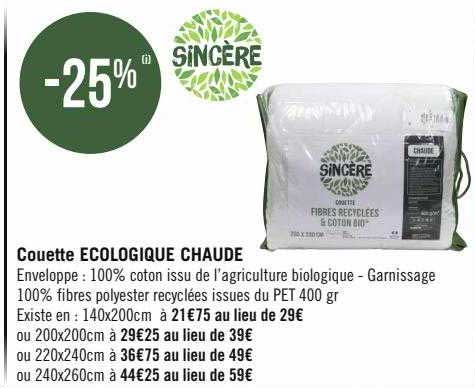 Couette écologique Chaude Sincère