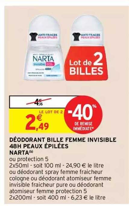 déodorant bille femme invisible 48h peaux épilées narta