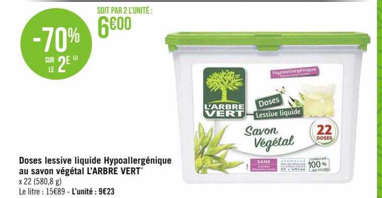 doses lessive liquide hypoallergénique au savon végétal l'arbre vert