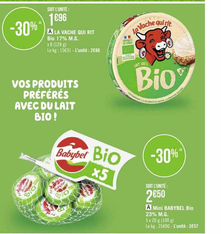 la vache qui rit bio 17% m.g., mini babybel bio 23% m.g.