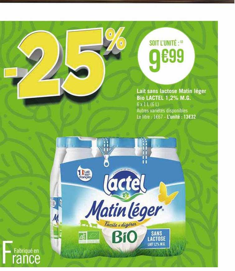 lait sans lactose matin léger bio lactel 1,2% m.g.