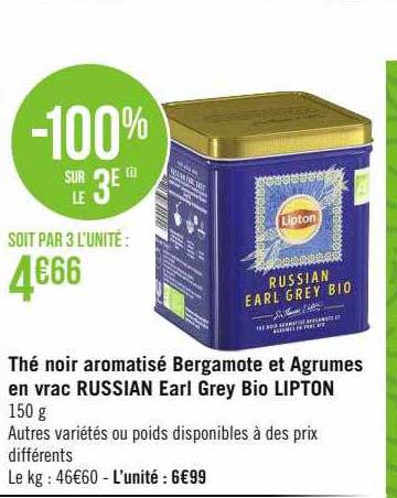 thé noir aromatisé bergamote et agrumes en vrac russian earl grey bio lipton