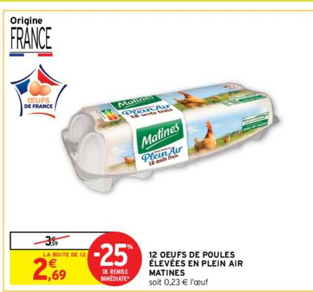 12 oeufs de poules élevées en plein air matines -25% de remise immédiate