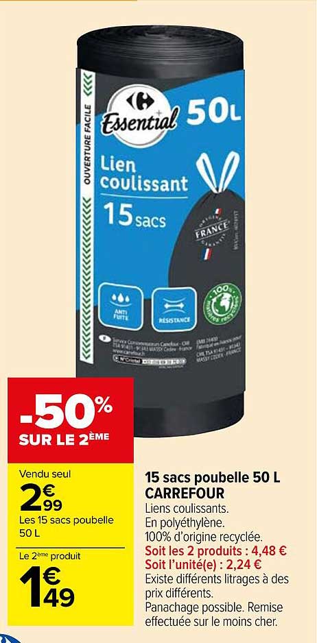 15 Sacs Poubelle 50 L Carrefour