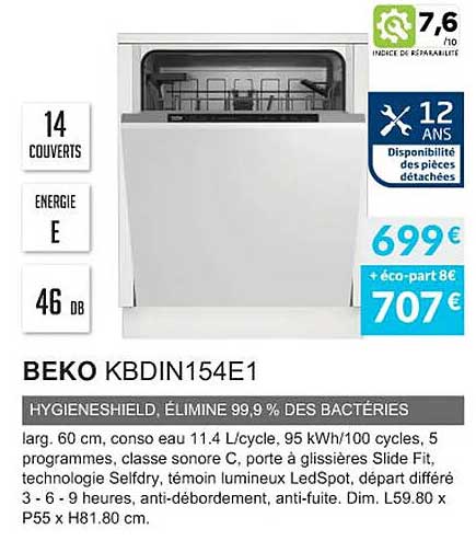 beko kbdin154e1 hygieneshield élimine 99.9 % des bactéries