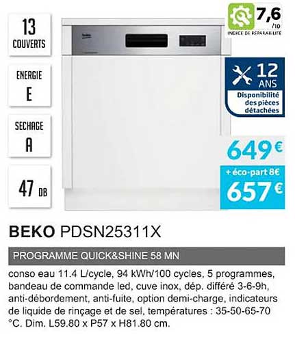 beko pds25311x programme quick&shine 58 mn