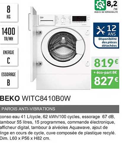 beko wtic8410b0w parois anti-vibrations