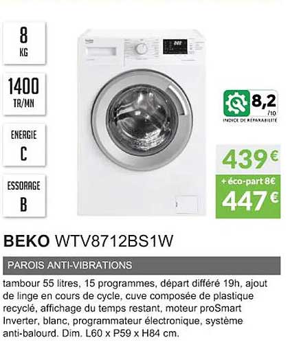 beko wtv8712bs1w parois anti-vibrations