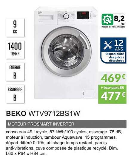 beko wtv9712bs1w moteur prosmart inverter