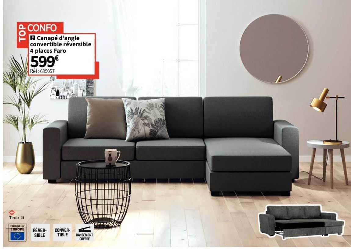 Canapé D'angle Convertible Réversible 4 Places Faro
