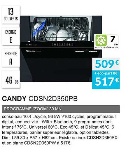 candy cdsn2d350pb programme "zoom" 39 min