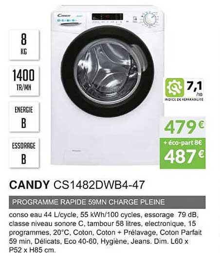 candy cs148dwb4-47 programme rapide 59mn charge pleine