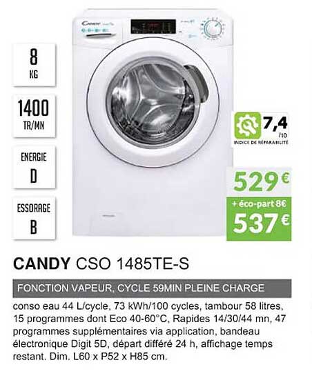 candy cso 1485te-s fonction vapeur cycle 59min pleine charge